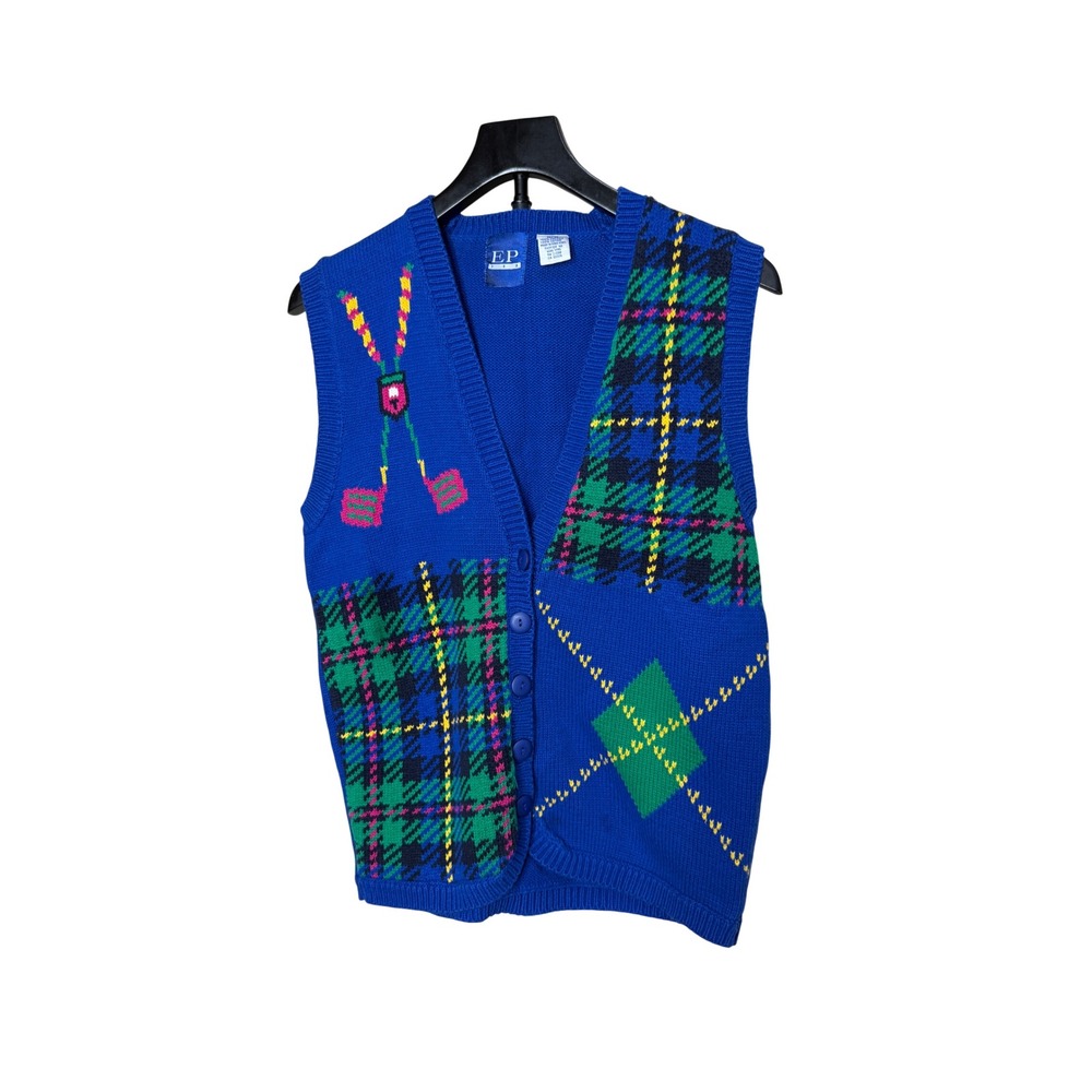 EP Pro Womens Golf Cardigan Vest Blue Plaid Argyle Cotton Knit V-Neck Medium